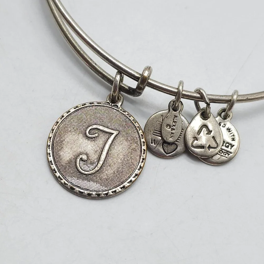 Alex and Ani Women's T Initial Charms Bangle Bracelet Silver Tone Adjustable